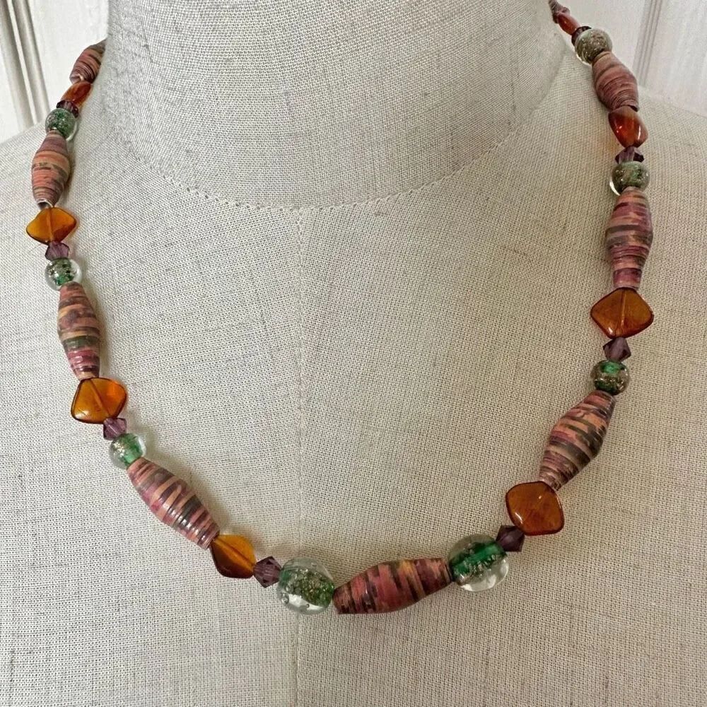 Green and brown paper beaded necklace